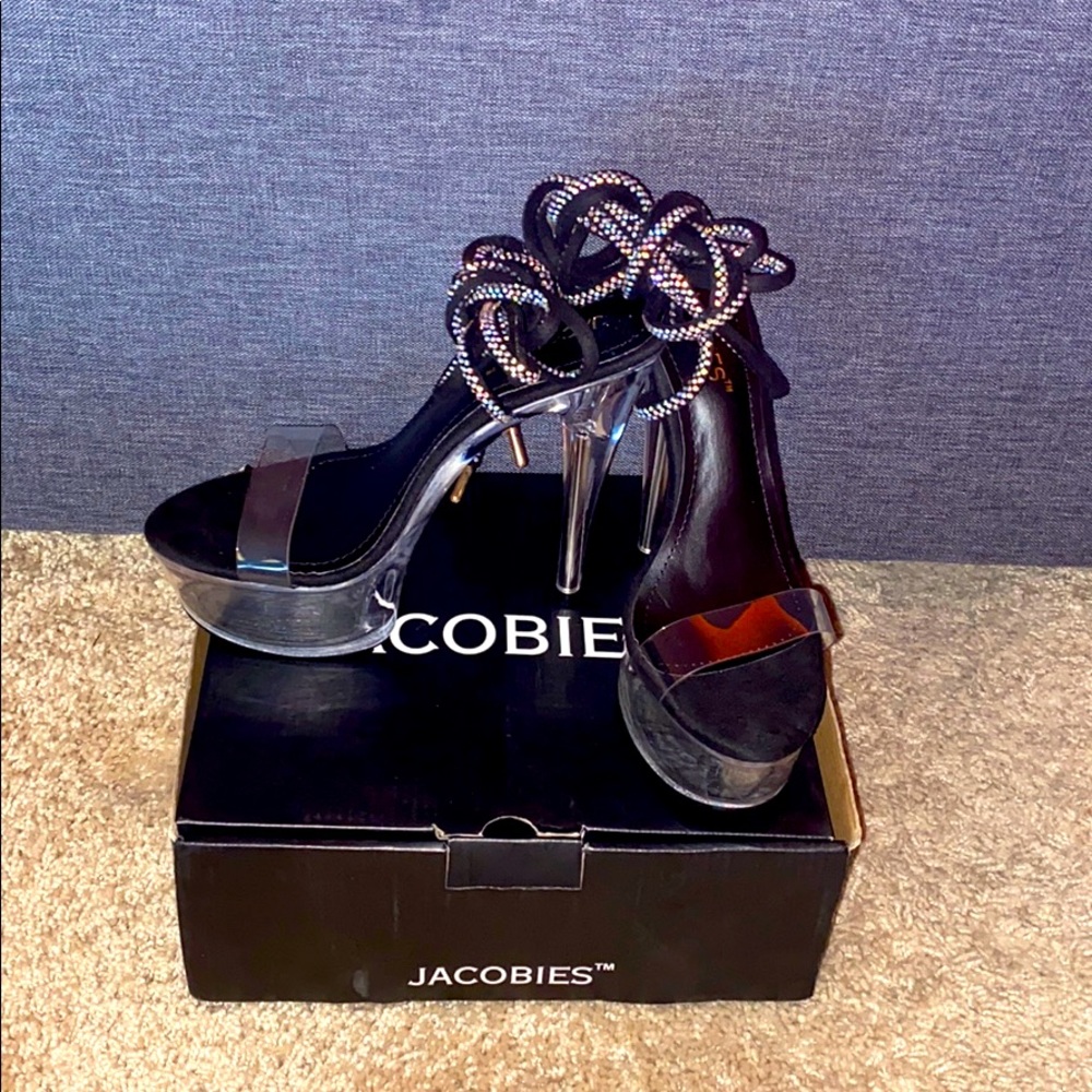 Clear and black heels with at sliver band